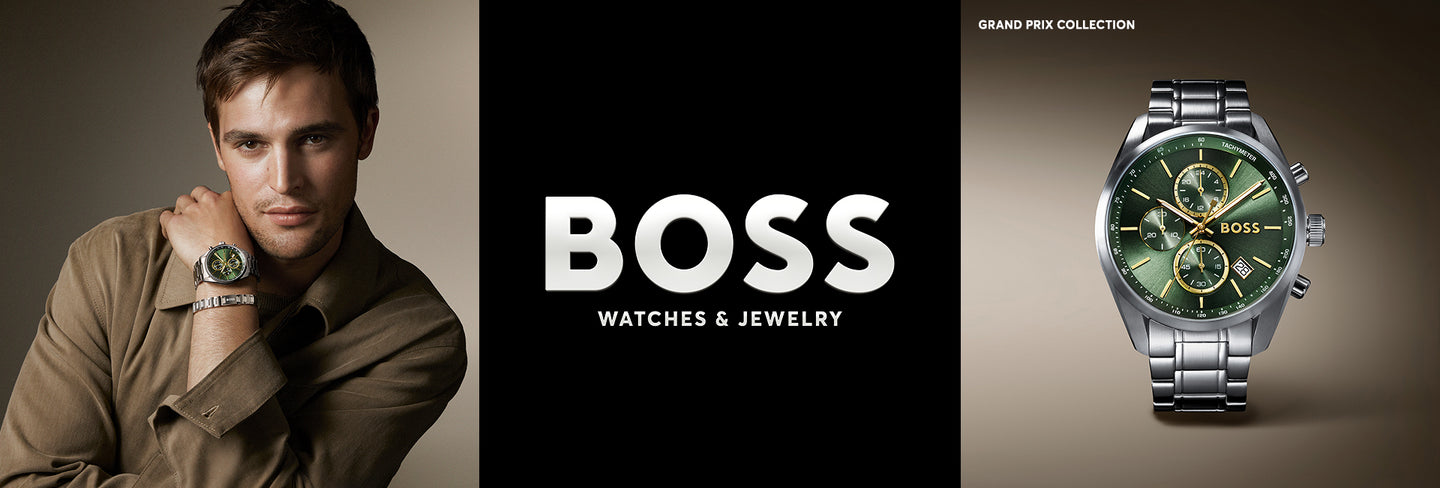 BOSS watches banner with a model wearing a watch, BOSS logo, and a detailed watch on a brown background.
