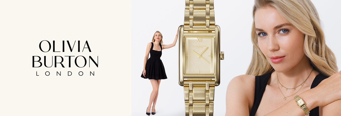 Olivia Burton London watch banner with a model wearing a gold watch.